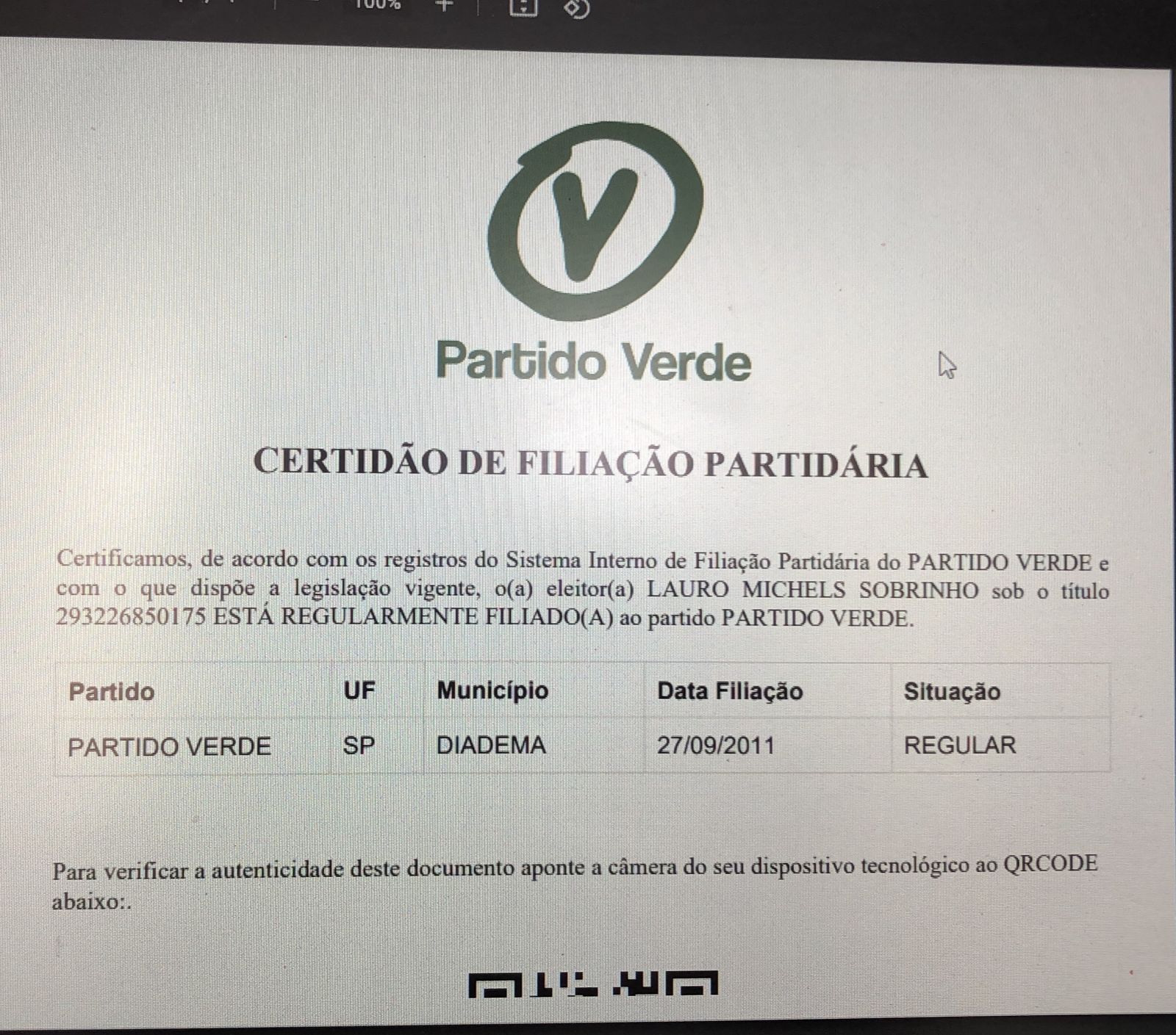 certidão de filiação de Lauro Michels no PV