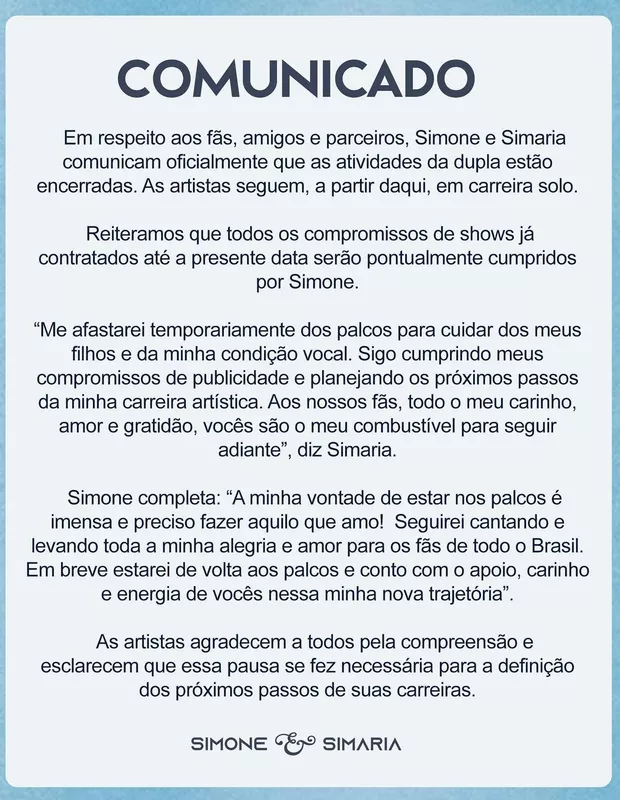 comunicado de Simone e Simaria