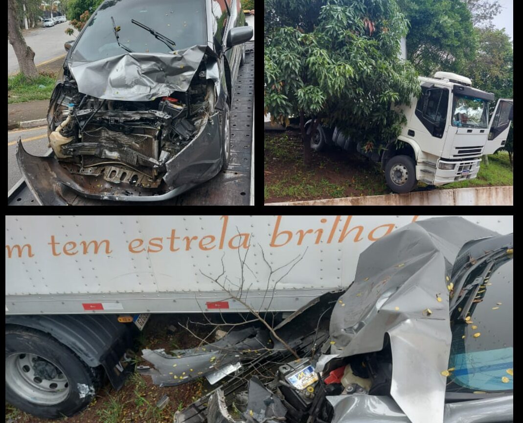 Caminhão desgovernado atinge carro e fica pendurado em avenida de Diadema