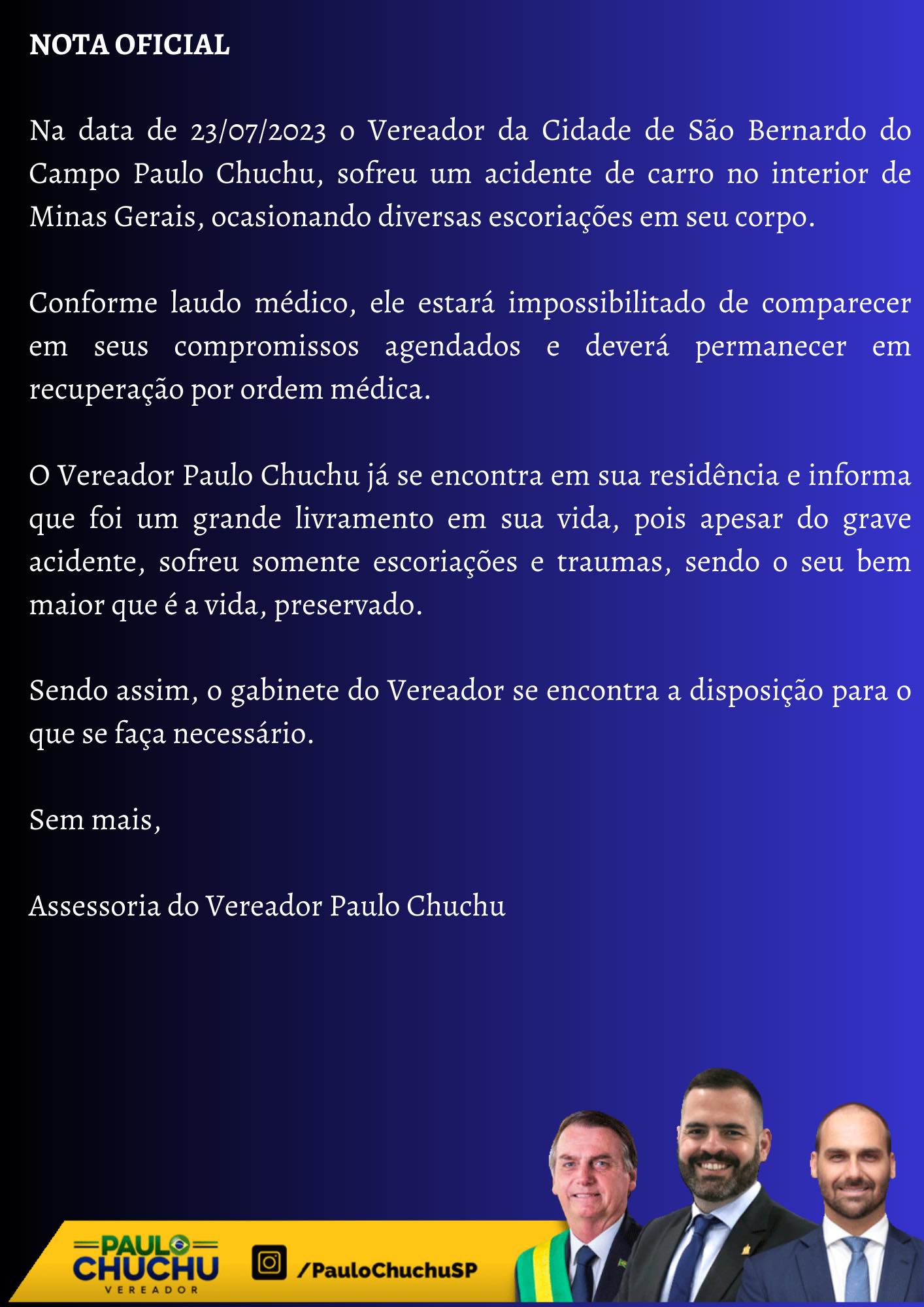 Nota da assessoria de imprensa de Paulo Chuchu 