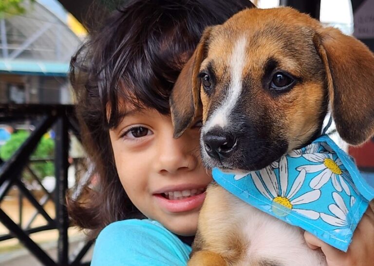 Criança com filhote de cachorro