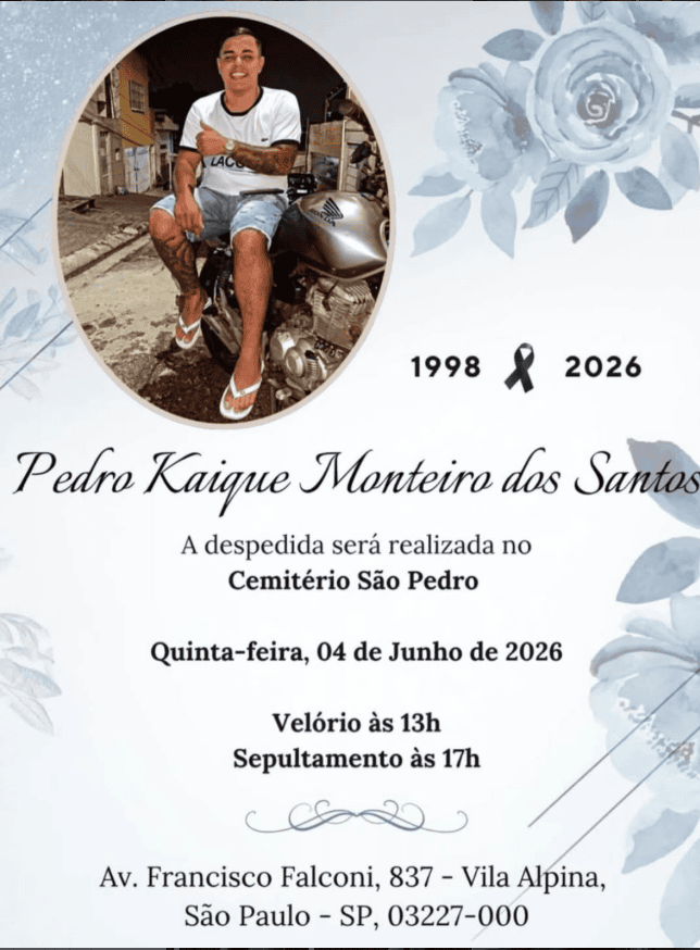 velório e sepultamento do motociclista Pedro Kaique Monteiro dos Santos estão marcados para esta quinta 